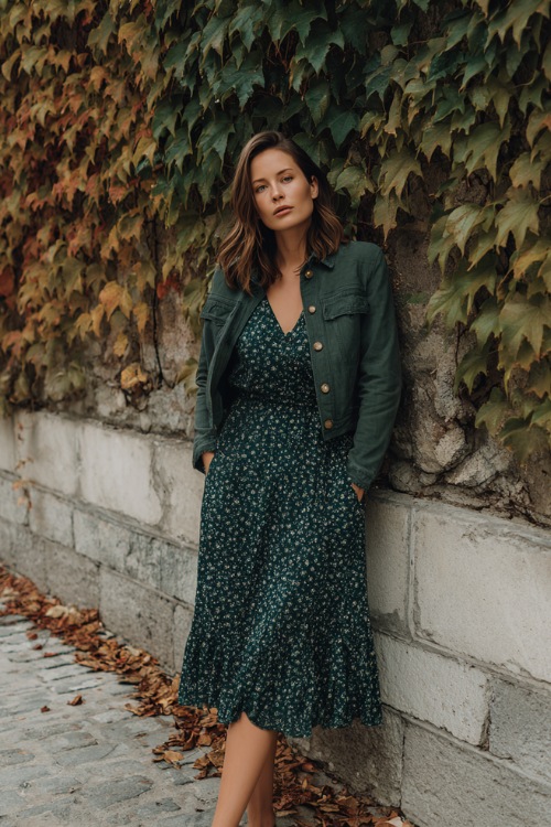 Confident petite woman in a deep green floral chiffon midi dress with a ruffle hem and cropped jacket, standing beside a stone wall covered in fall ivy,