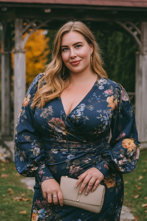Confident plus-size woman in a navy floral midi wedding guest dress with bishop sleeves and a wrap silhouette, holding a soft clutch and posing near a garden arbor in late autumn