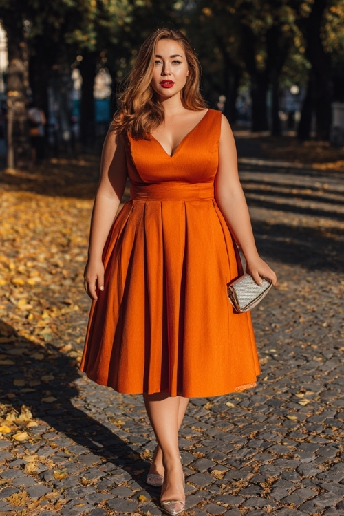 Confident plus-size woman wearing a burnt orange fit-and-flare midi dress with pleated skirt and subtle shimmer, carrying a clutch 