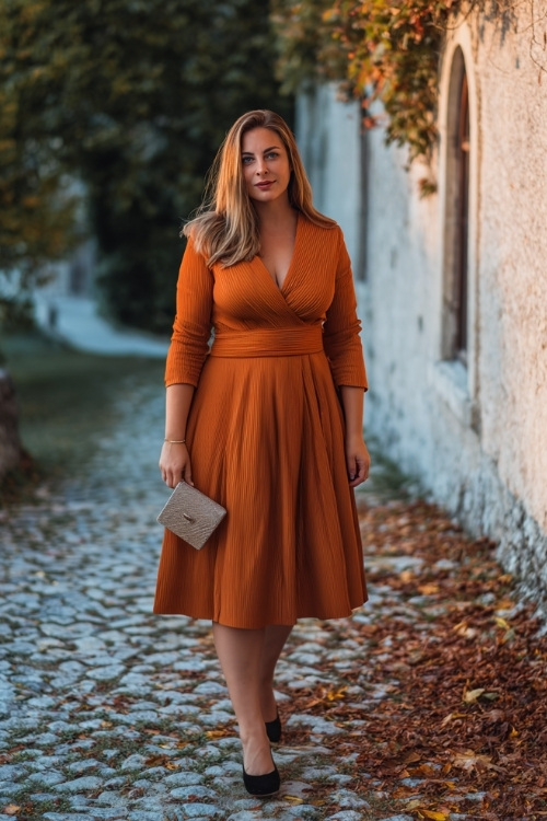 Confident plus-size woman wearing a burnt orange fit-and-flare midi dress with pleated skirt and subtle shimmer, carrying a clutch 