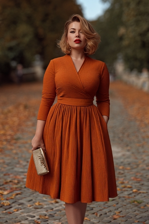 Confident plus-size woman wearing a burnt orange fit-and-flare midi dress with pleated skirt and subtle shimmer, carrying a clutch