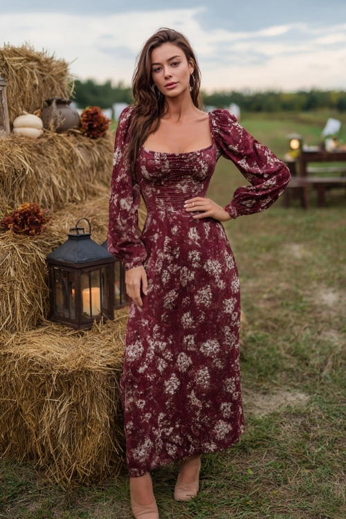Confident woman in a burgundy floral print dress with a square neckline and long sleeves, wearing block heels, standing beside hay bales and lanterns at a fall harvest wedding 