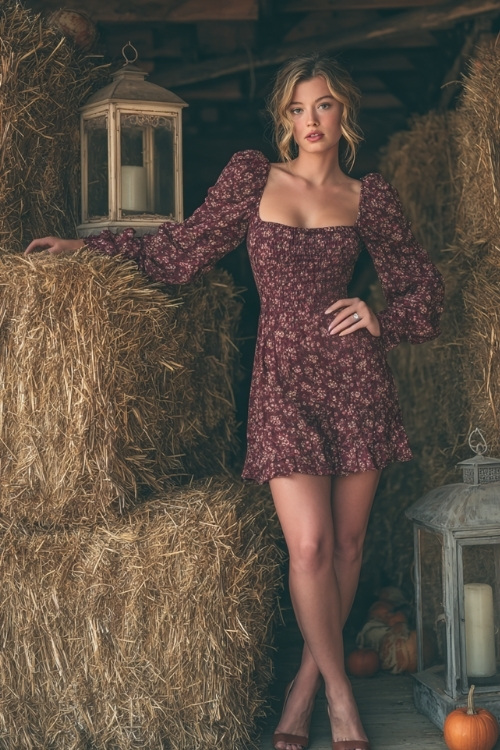 Confident woman in a burgundy floral print dress with a square neckline and long sleeves, wearing block heels, standing beside hay bales and lanterns at a fall harvest wedding
