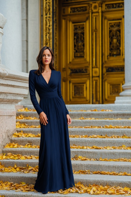 Confident woman wearing a long-sleeve navy blue formal dress with a modest v-neckline, floor-length hem, and pleated details
