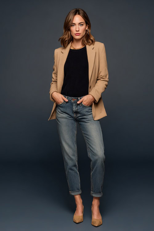 Elegant fall outfit with a woman in tapered-leg jeans, a tucked-in fine knit black sweater and classic camel blazer, styled with flats and gold earrings