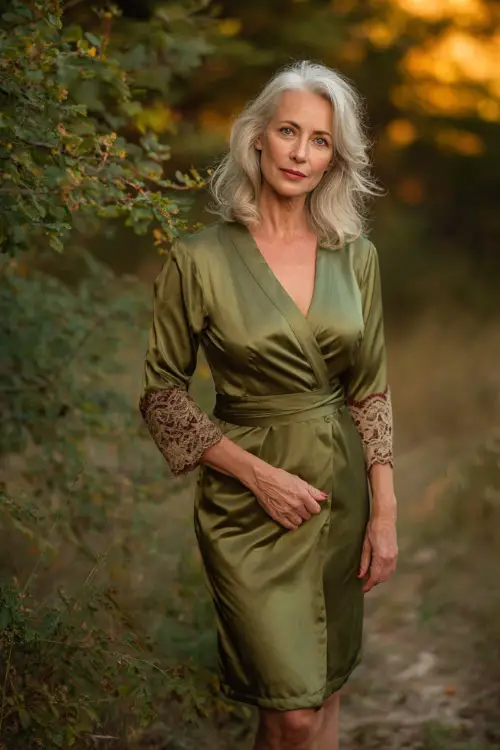 Elegant full body of a woman over 50 wearing a knee-length satin olive green dress with lace cuffs and V-neckline, posing near a golden-hour fall forest setting