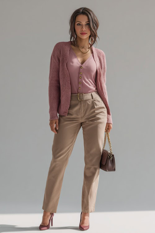 Elegant outfit featuring tan straight-leg pants, a tucked-in dusty rose cardigan, and a structured mini handbag, standing full-body in a clean studio 