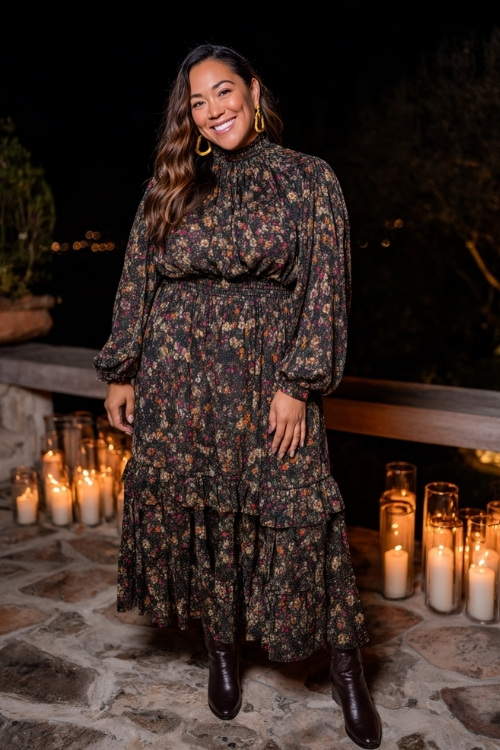 Elegant plus-size woman in a dark floral high-neck maxi dress with long sleeves and tiered layers, wearing ankle boots and earrings, posing at a candlelit November wedding