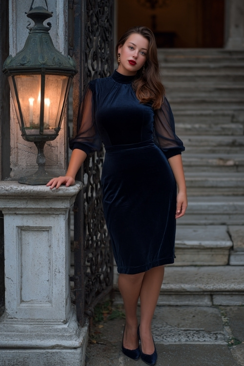 Elegant plus-size woman in a high-neck velvet midi dress in midnight blue with sheer sleeves and classic black heels, standing beside an antique gate with lantern-lit steps 