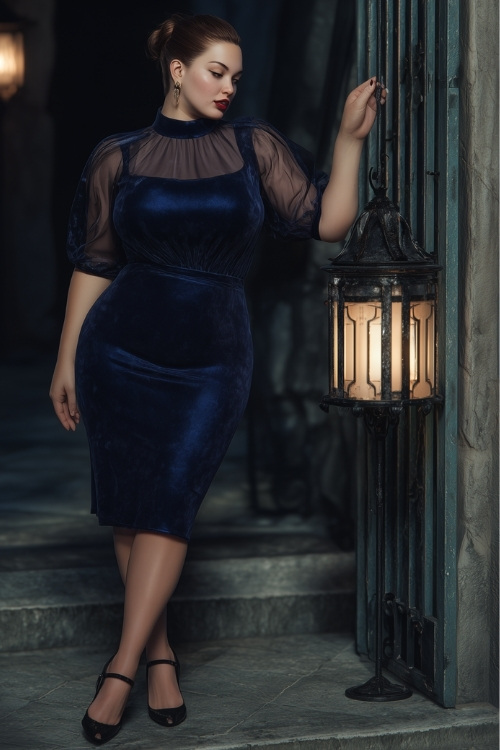 Elegant plus-size woman in a high-neck velvet midi dress in midnight blue with sheer sleeves and classic black heels, standing beside an antique gate with lantern-lit steps 