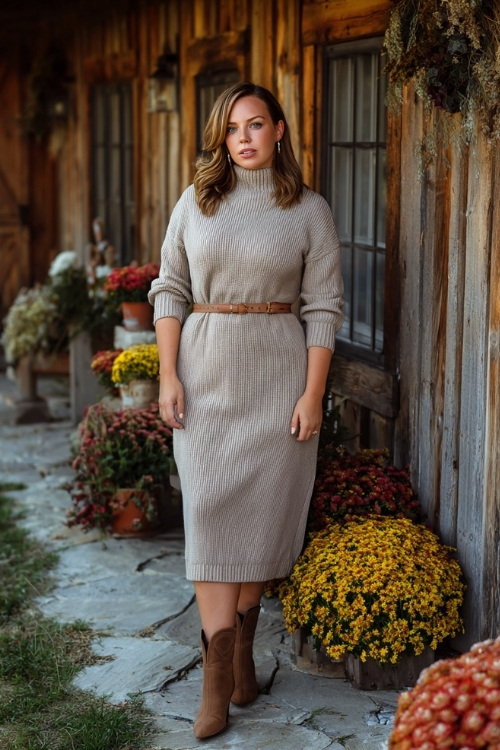 Elegant plus-size woman in a taupe mock neck sweater dress with a midi hemline, belted waist, and brown heeled boots, posing near a farmhouse with fall floral arrangements