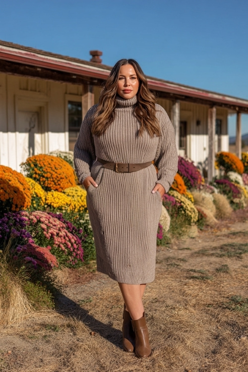 Elegant plus-size woman in a taupe mock neck sweater dress with a midi hemline, belted waist, and brown heeled boots