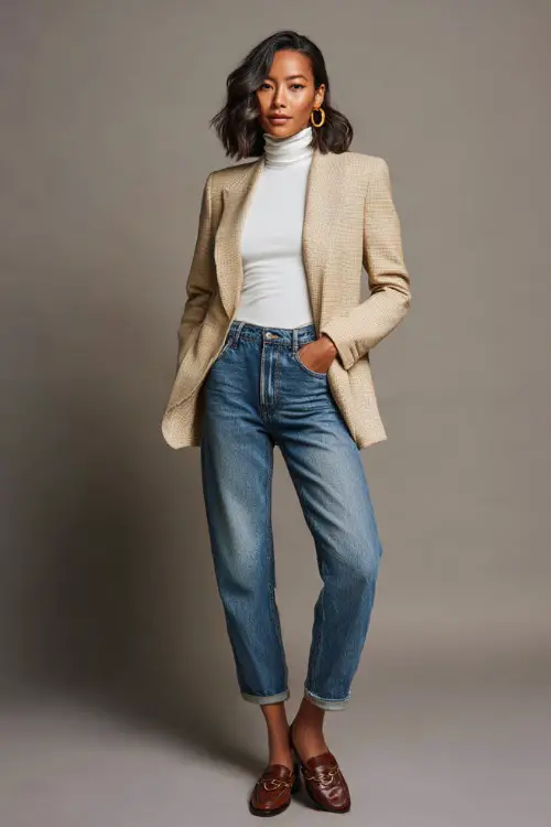 Elegant woman in a beige wool blazer over a white turtleneck and classic blue jeans, styled with leather loafers and gold hoop earrings, full-body in a neutral studio