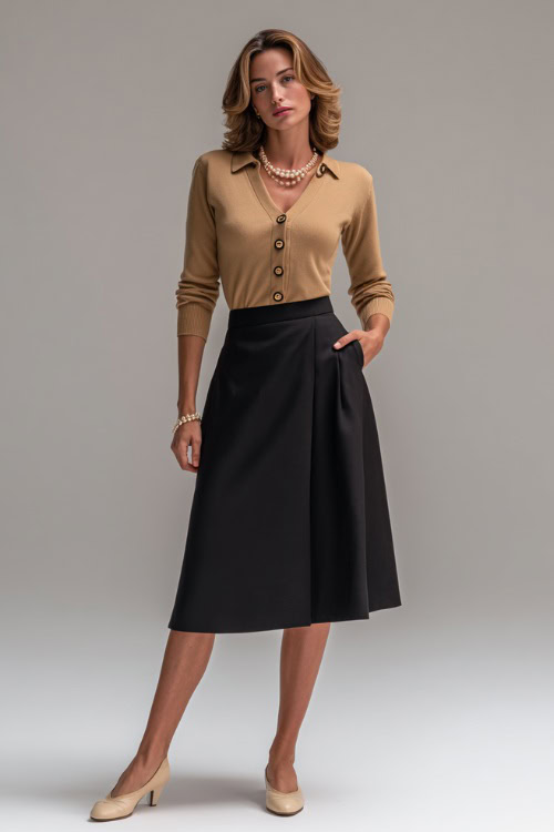 Elegant woman in a black wool midi skirt, camel button-down cardigan, and ivory ballet flats, pearl accessories, full-body in soft studio background 
