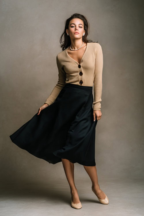 Elegant woman in a black wool midi skirt, camel button-down cardigan, and ivory ballet flats, pearl accessories, full-body in soft studio background