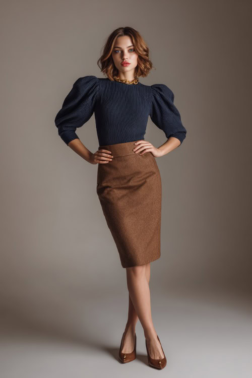 Elegant woman in a brown tweed pencil skirt and navy knit top with puff sleeves, accessorized with leather flats and gold studs, standing full-body in studio 