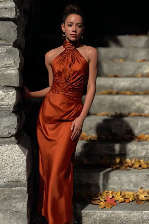 Elegant woman in a burnt orange satin gown with mock neck and ruched bodice, standing beside a vintage stone staircase with scattered golden leaves