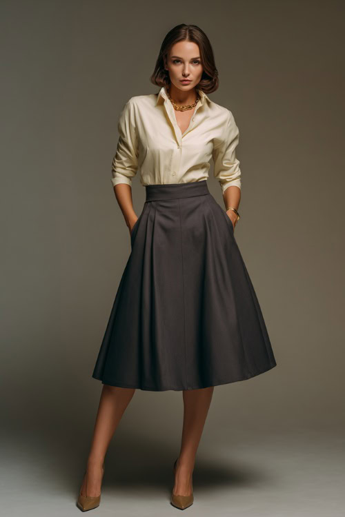 Elegant woman in a dark gray A-line midi skirt with a tucked-in cream blouse and gold accessories