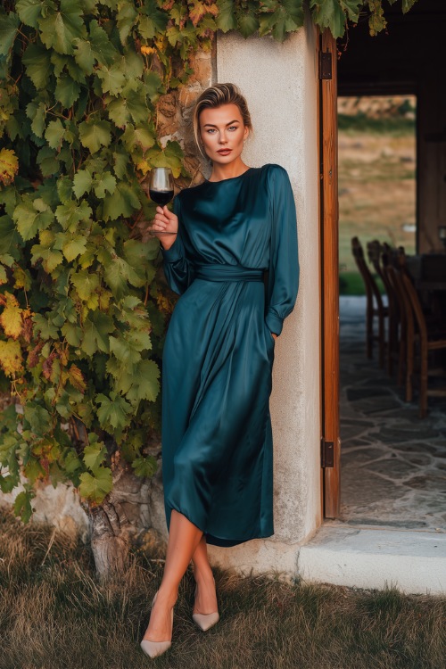 Elegant woman in a dark teal long-sleeve satin midi dress with gathered waist and pointed heels, posing at the entrance of a vineyard wedding during golden hour 