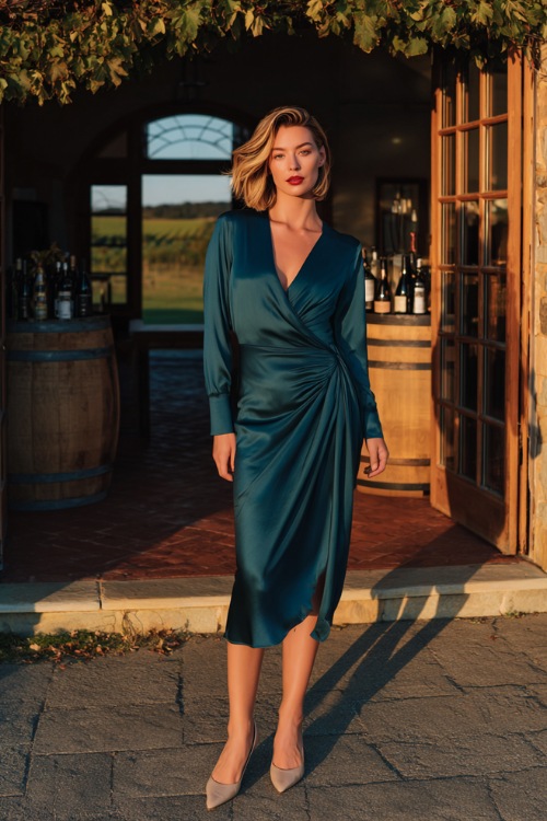 Elegant woman in a dark teal long-sleeve satin midi dress with gathered waist and pointed heels, posing at the entrance of a vineyard wedding during golden hour