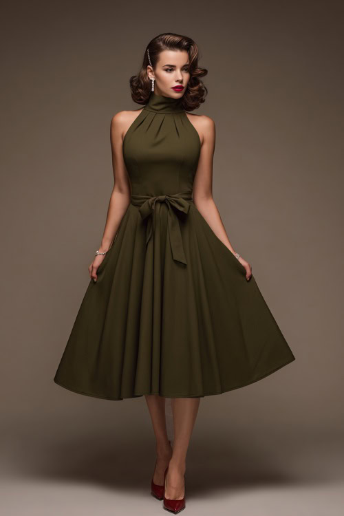 Elegant woman in a deep olive green A-line dress with a high neckline and ribbon waist, styled with kitten heels and vintage pearl studs, full-body in studio