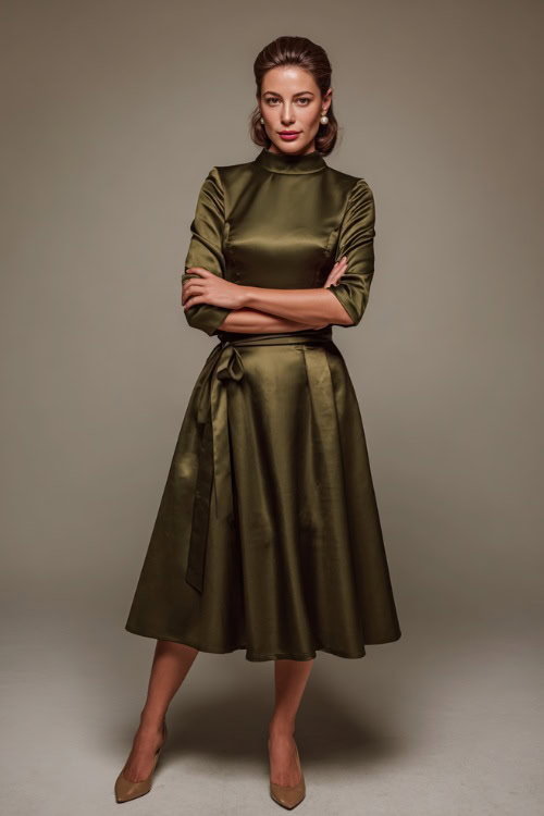 Elegant woman in a deep olive green A-line dress with a high neckline and ribbon waist, styled with kitten heels and vintage pearl studs, full-body in studio