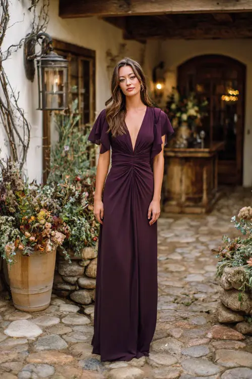 Elegant woman in a deep plum chiffon gown with flutter sleeves and ruched waist, standing at a cobblestone courtyard wedding venue with fall floral arrangements 