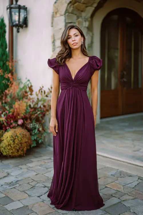 Elegant woman in a deep plum chiffon gown with flutter sleeves and ruched waist, standing at a cobblestone courtyard wedding venue with fall floral arrangements 