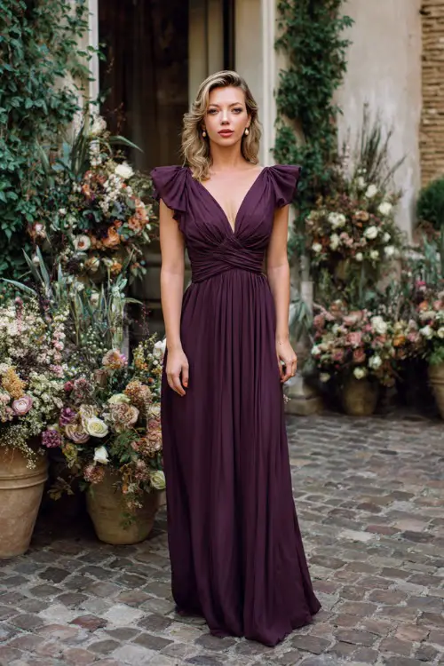 Elegant woman in a deep plum chiffon gown with flutter sleeves and ruched waist, standing at a cobblestone courtyard wedding venue with fall floral arrangements