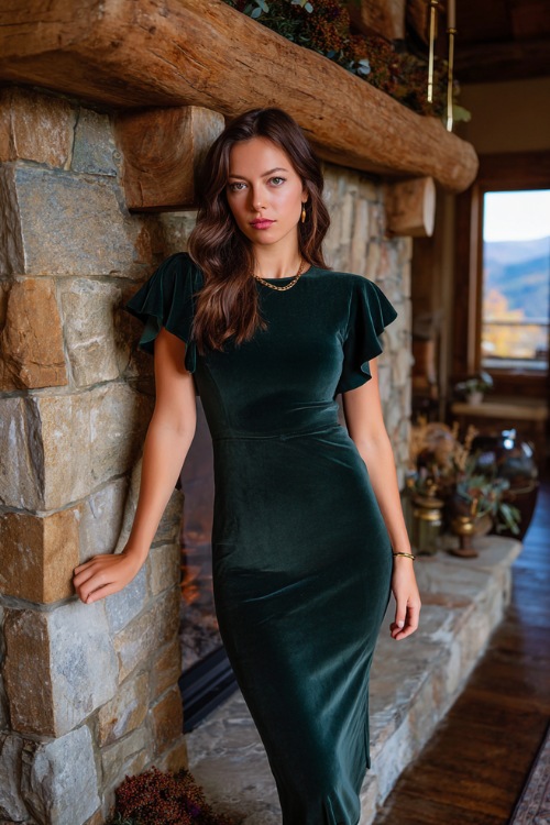 Elegant woman in a fitted dark green velvet midi dress with short flutter sleeves and gold jewelry, standing beside a stone fireplace decorated for a November wedding 