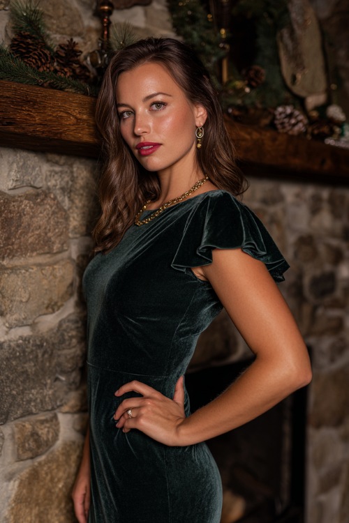 Elegant woman in a fitted dark green velvet midi dress with short flutter sleeves and gold jewelry, standing beside a stone fireplace decorated for a November wedding