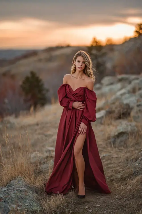 Elegant woman in a garnet red long-sleeve gown with ruffle cuffs and high slit, standing near a hilltop ceremony with warm sunset and golden trees