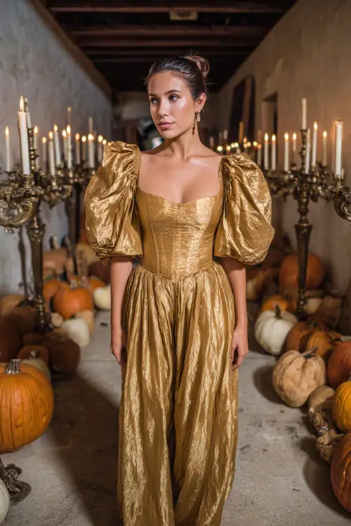 Elegant woman in a gold metallic gown with puffed sleeves and fitted waist, walking through an aisle with pumpkins and vintage candelabras