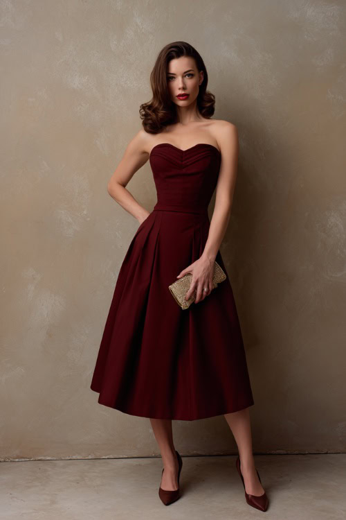 Elegant woman in a maroon fit-and-flare midi dress with structured bodice and subtle pleats, paired with a vintage clutch and kitten heels, standing in a soft-lit studio