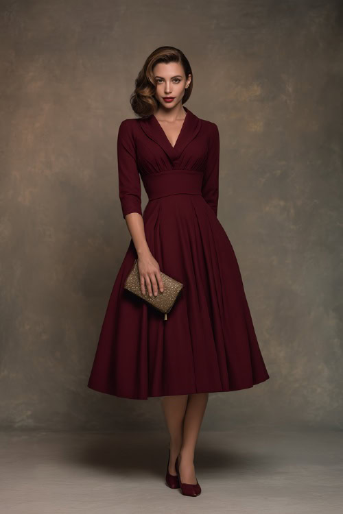 Elegant woman in a maroon fit-and-flare midi dress with structured bodice and subtle pleats, paired with a vintage clutch and kitten heels, standing in a soft-lit studio