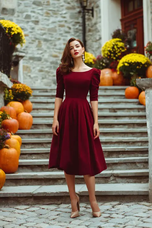 Elegant woman in a midi-length wine red A-line dress with boat neckline and bracelet sleeves, standing on cobblestone steps surrounded by pumpkins and mums 