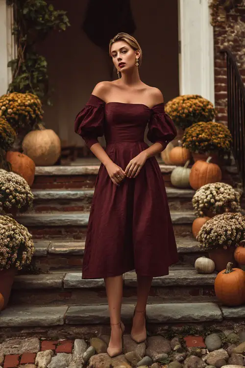 Elegant woman in a midi-length wine red A-line dress with boat neckline and bracelet sleeves, standing on cobblestone steps surrounded by pumpkins and mums