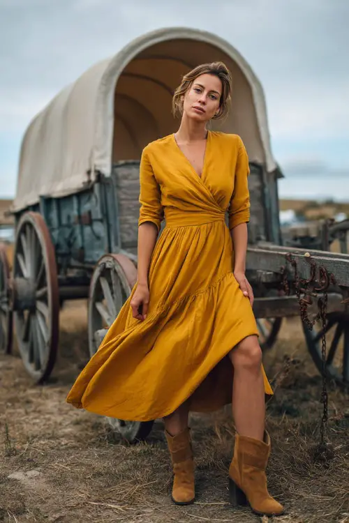 Elegant woman in a mustard yellow A-line dress with three-quarter sleeves, cinched waist, and tan suede booties