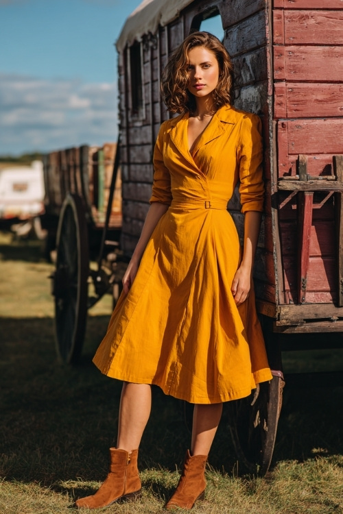 Elegant woman in a mustard yellow A-line dress with three-quarter sleeves, cinched waist, and tan suede booties, standing near a vintage wagon at a countryside October wedding