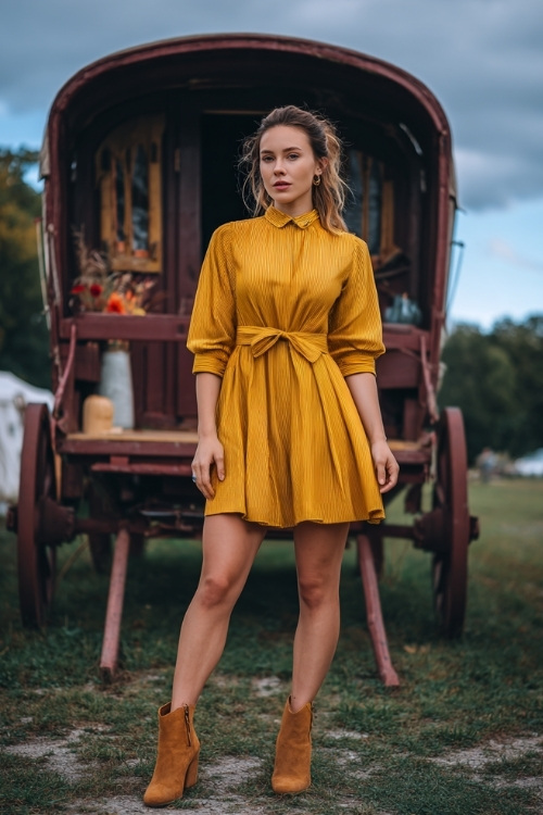 Elegant woman in a mustard yellow A-line dress with three-quarter sleeves, cinched waist, and tan suede booties