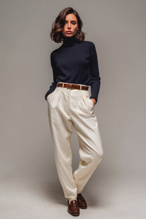 Elegant woman in a navy knit turtleneck sweater with high-waisted cream trousers, brown leather belt, and loafers, full-body in minimalist studio lighting 