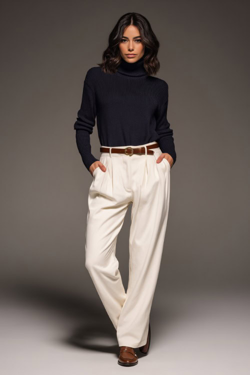Elegant woman in a navy knit turtleneck sweater with high-waisted cream trousers, brown leather belt, and loafers, full-body in minimalist studio lighting 