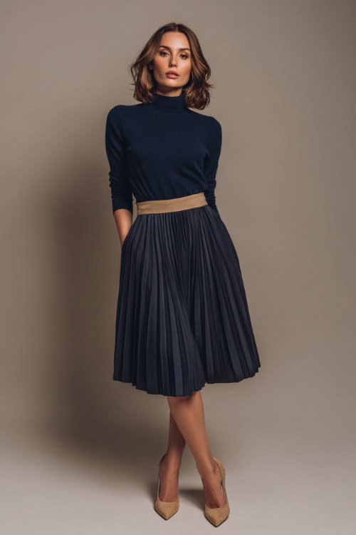 Elegant woman in a navy pleated skirt paired with a fine wool pullover, tan heels, and gold studs, full-body in a light-toned studio 
