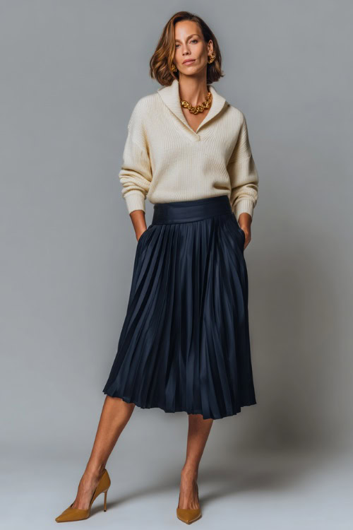 Elegant woman in a navy pleated skirt paired with a fine wool pullover, tan heels, and gold studs, full-body in a light-toned studio 