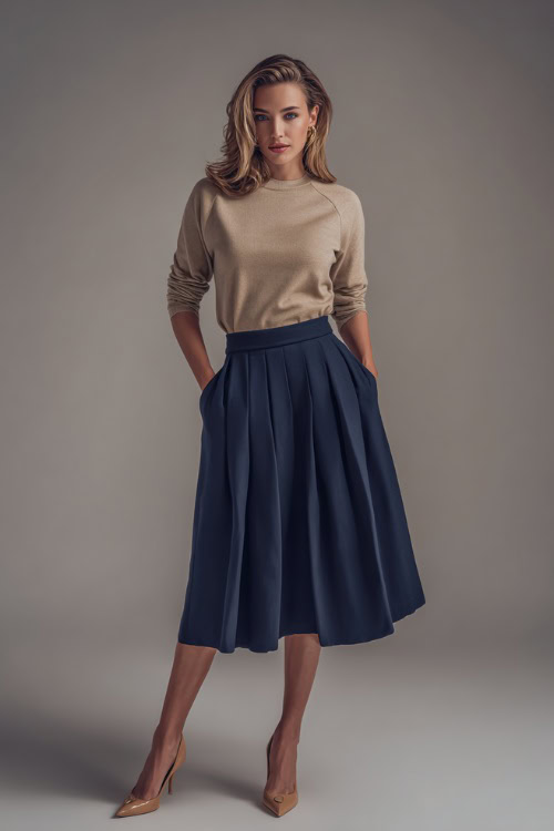 Elegant woman in a navy pleated skirt paired with a fine wool pullover, tan heels, and gold studs, full-body in a light-toned studio