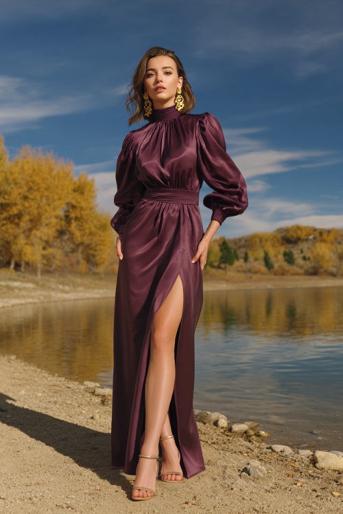 Elegant woman in a plum satin dress with bishop sleeves and a high slit, gold earrings and heeled sandals, standing by a reflective lake surrounded by late-autumn trees