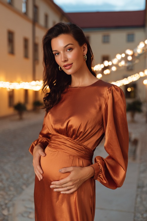 Elegant woman in a satin copper midi dress with ruched waistline and balloon sleeves, gently showing a rounded belly, standing in a courtyard lit with string lights