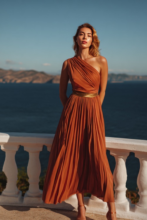 Elegant woman in a terracotta one-shoulder tea-length dress with pleated skirt and heeled sandals, posing at a coastal September wedding with golden light 