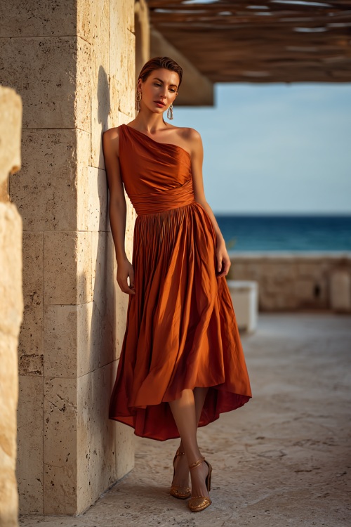 Elegant woman in a terracotta one-shoulder tea-length dress with pleated skirt and heeled sandals, posing at a coastal September wedding with golden light 