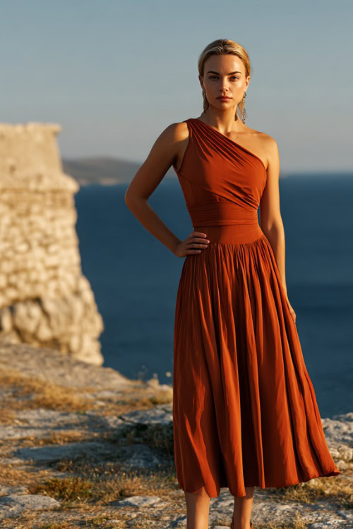 Elegant woman in a terracotta one-shoulder tea-length dress with pleated skirt and heeled sandals, posing at a coastal September wedding with golden light
